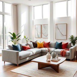 A beautifully designed interior of a modern living room, featuring a plush grey sofa adorned with colorful cushions, a sleek wooden coffee table with elegant decor items, large floor-to-ceiling windows bringing in natural light, and a minimalistic but inviting atmosphere
