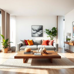 A beautifully designed interior of a modern living room, featuring a plush grey sofa adorned with colorful cushions, a sleek wooden coffee table with elegant decor items, large floor-to-ceiling windows bringing in natural light, and a minimalistic but inviting atmosphere