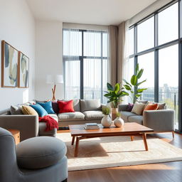 A beautifully designed interior of a modern living room, featuring a plush grey sofa adorned with colorful cushions, a sleek wooden coffee table with elegant decor items, large floor-to-ceiling windows bringing in natural light, and a minimalistic but inviting atmosphere