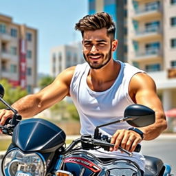 A charismatic male figure resembling a popular Iranian actor, wearing a casual white undershirt ( زیرپوش) and confidently riding a sleek RS200 motorcycle