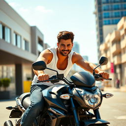 A charismatic male figure resembling a popular Iranian actor, wearing a casual white undershirt ( زیرپوش) and confidently riding a sleek RS200 motorcycle