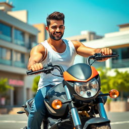 A charismatic male figure resembling a popular Iranian actor, wearing a casual white undershirt ( زیرپوش) and confidently riding a sleek RS200 motorcycle