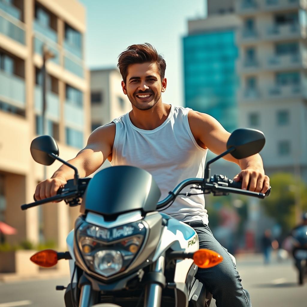 A charismatic male figure resembling a popular Iranian actor, wearing a casual white undershirt ( زیرپوش) and confidently riding a sleek RS200 motorcycle