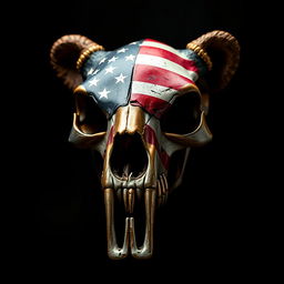 A striking bear skull adorned with the American flag, vividly painted on its surface