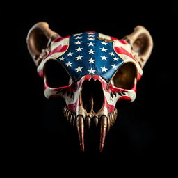 A striking bear skull adorned with the American flag, vividly painted on its surface
