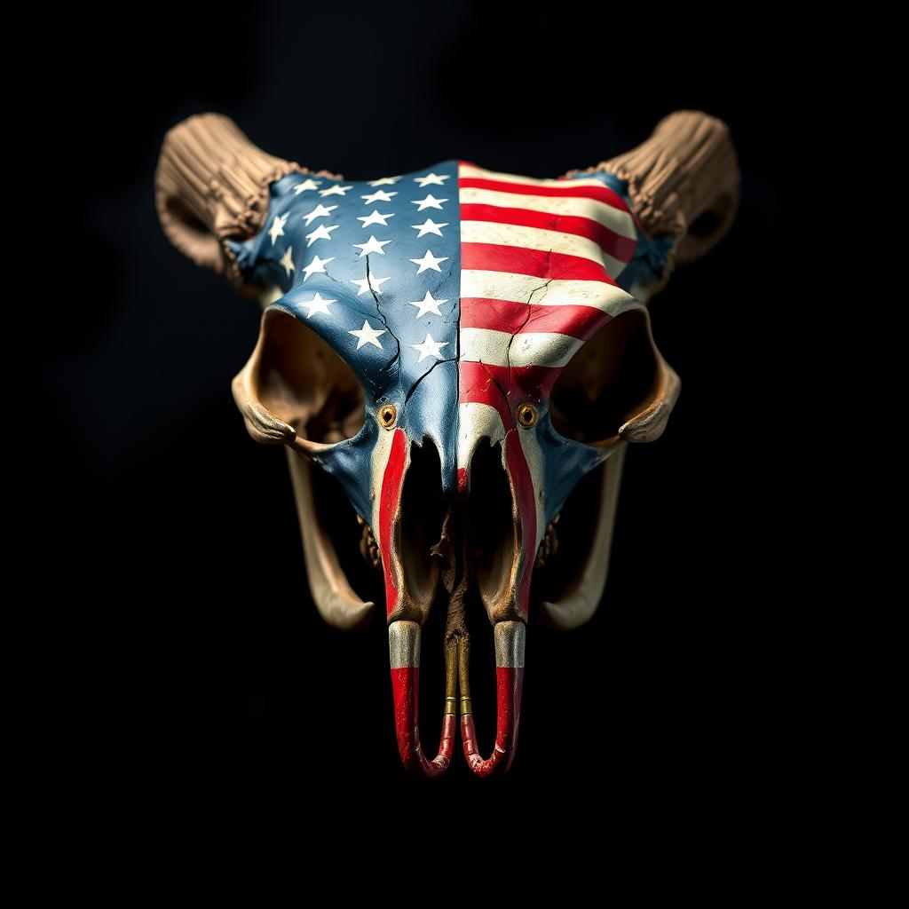 A striking bear skull adorned with the American flag, vividly painted on its surface