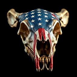 A striking bear skull adorned with the American flag, vividly painted on its surface