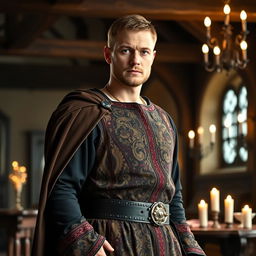 A medieval rich landlord with short hair standing at a 20-degree angle to the left while looking directly into the camera with a confident expression