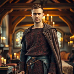 A medieval rich landlord with short hair standing at a 20-degree angle to the left while looking directly into the camera with a confident expression
