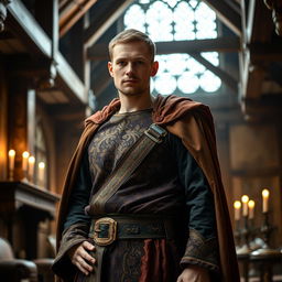 A medieval rich landlord with short hair standing at a 20-degree angle to the left while looking directly into the camera with a confident expression
