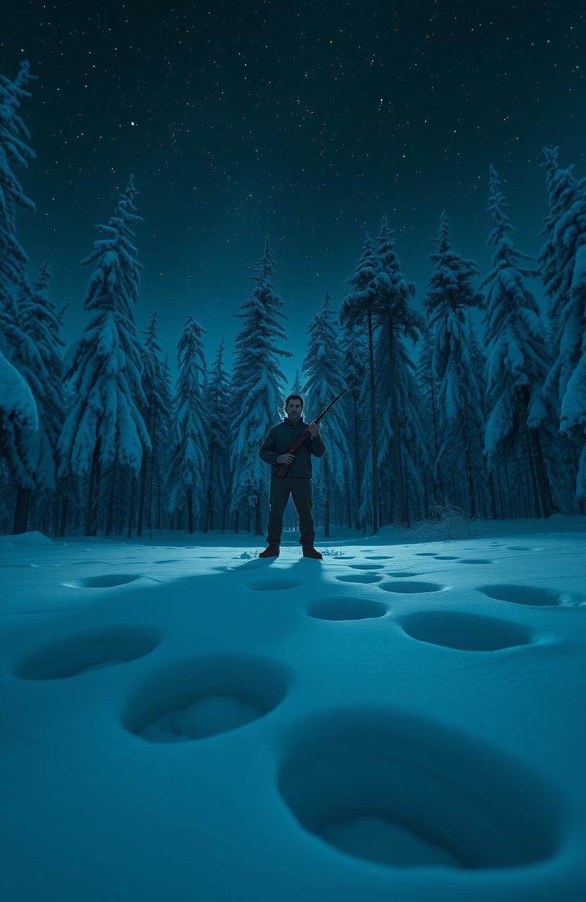 A realistic nighttime scene in the Siberian taiga, featuring a solitary man standing in the center holding a rifle