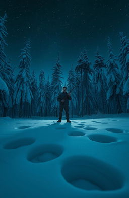 A realistic nighttime scene in the Siberian taiga, featuring a solitary man standing in the center holding a rifle