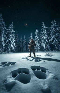 A realistic nighttime scene in the Siberian taiga, featuring a solitary man standing in the center holding a rifle