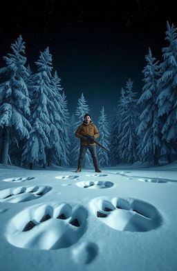 A realistic nighttime scene in the Siberian taiga, featuring a solitary man standing in the center holding a rifle