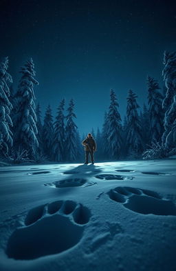 A realistic nighttime scene in the Siberian taiga, featuring a solitary man standing in the center holding a rifle