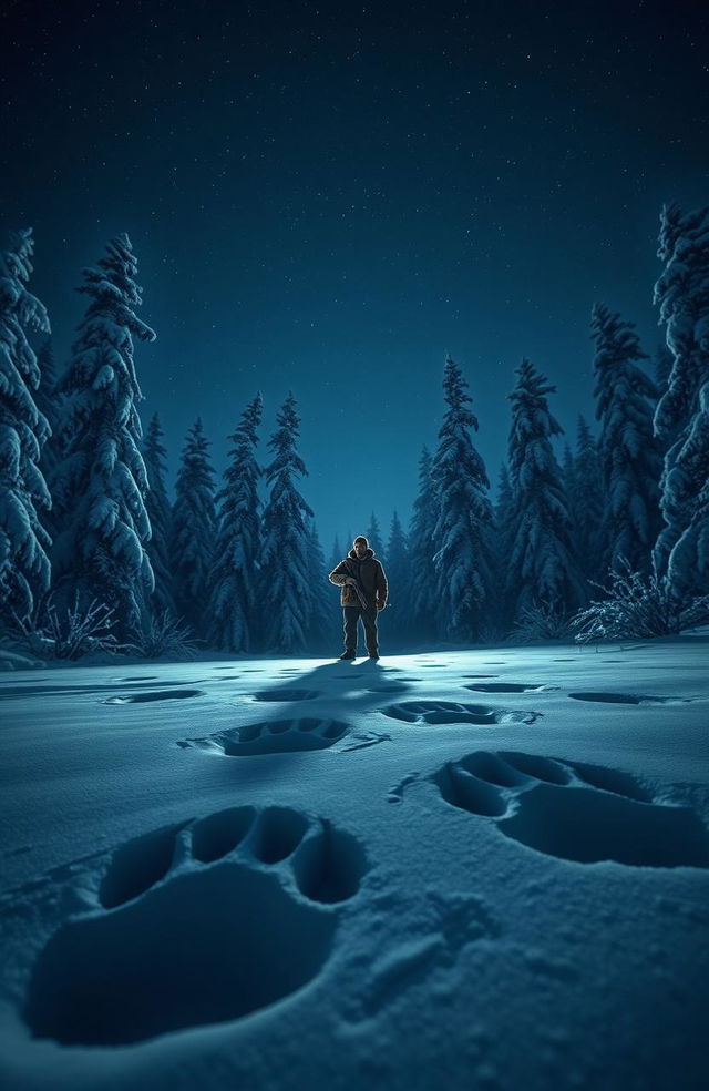 A realistic nighttime scene in the Siberian taiga, featuring a solitary man standing in the center holding a rifle