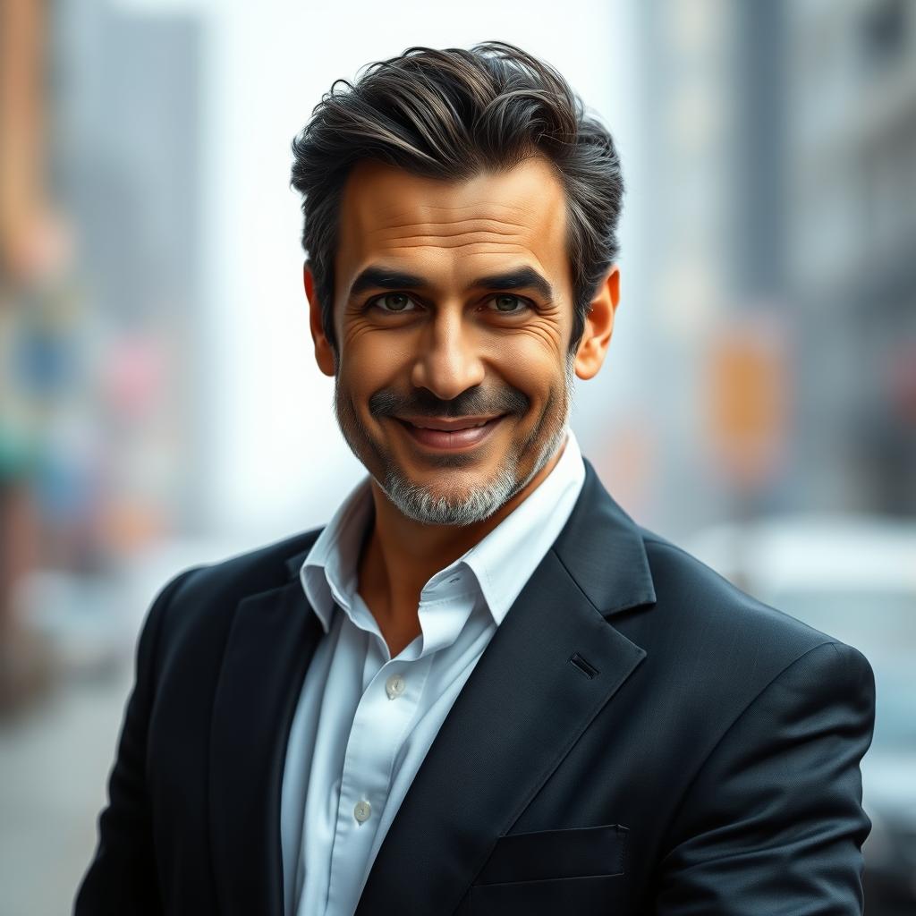 A detailed, artistic portrait of an Iranian actor resembling a charismatic middle-aged man with a charming smile, wearing a stylish suit, standing confidently against a softly blurred urban background, showcasing his expressive eyes and signature hairstyle, conveying a sense of humor and approachability