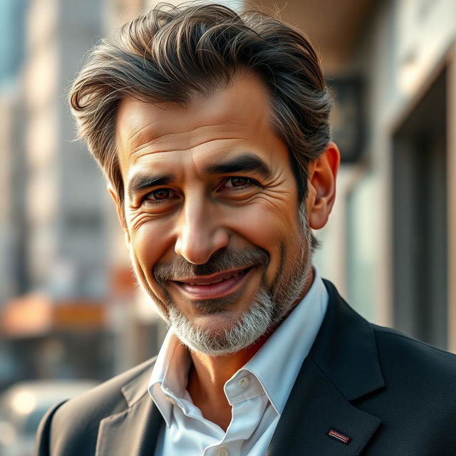 A detailed, artistic portrait of an Iranian actor resembling a charismatic middle-aged man with a charming smile, wearing a stylish suit, standing confidently against a softly blurred urban background, showcasing his expressive eyes and signature hairstyle, conveying a sense of humor and approachability