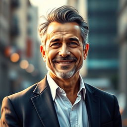 A detailed, artistic portrait of an Iranian actor resembling a charismatic middle-aged man with a charming smile, wearing a stylish suit, standing confidently against a softly blurred urban background, showcasing his expressive eyes and signature hairstyle, conveying a sense of humor and approachability