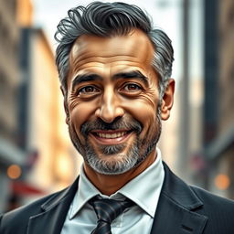 A detailed, artistic portrait of an Iranian actor resembling a charismatic middle-aged man with a charming smile, wearing a stylish suit, standing confidently against a softly blurred urban background, showcasing his expressive eyes and signature hairstyle, conveying a sense of humor and approachability