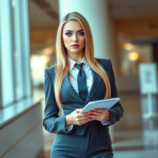 A full-length photographic image of a beautiful, sensuous 18-year-old woman with a thin face and long blond hair