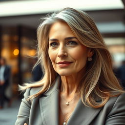 A mature woman with a confident and elegant demeanor, dressed in a stylish, tailored outfit