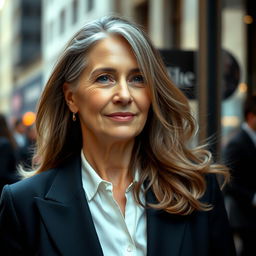 A mature woman with a confident and elegant demeanor, dressed in a stylish, tailored outfit