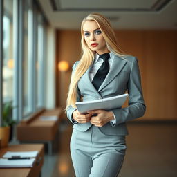 A full-length photographic image of a beautiful and sensuous 18-year-old woman with a thin face and long blond hair
