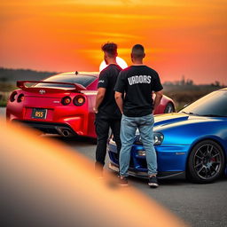 A captivating scene of two people standing back to the viewer, showcasing the sleek designs of a Toyota Supra and a Nissan R34 parked behind them
