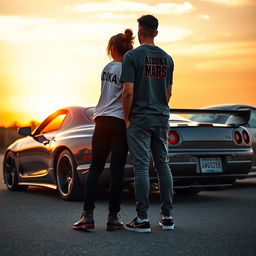 A captivating scene of two people standing back to the viewer, showcasing the sleek designs of a Toyota Supra and a Nissan R34 parked behind them