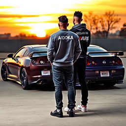 A captivating scene of two people standing back to the viewer, showcasing the sleek designs of a Toyota Supra and a Nissan R34 parked behind them