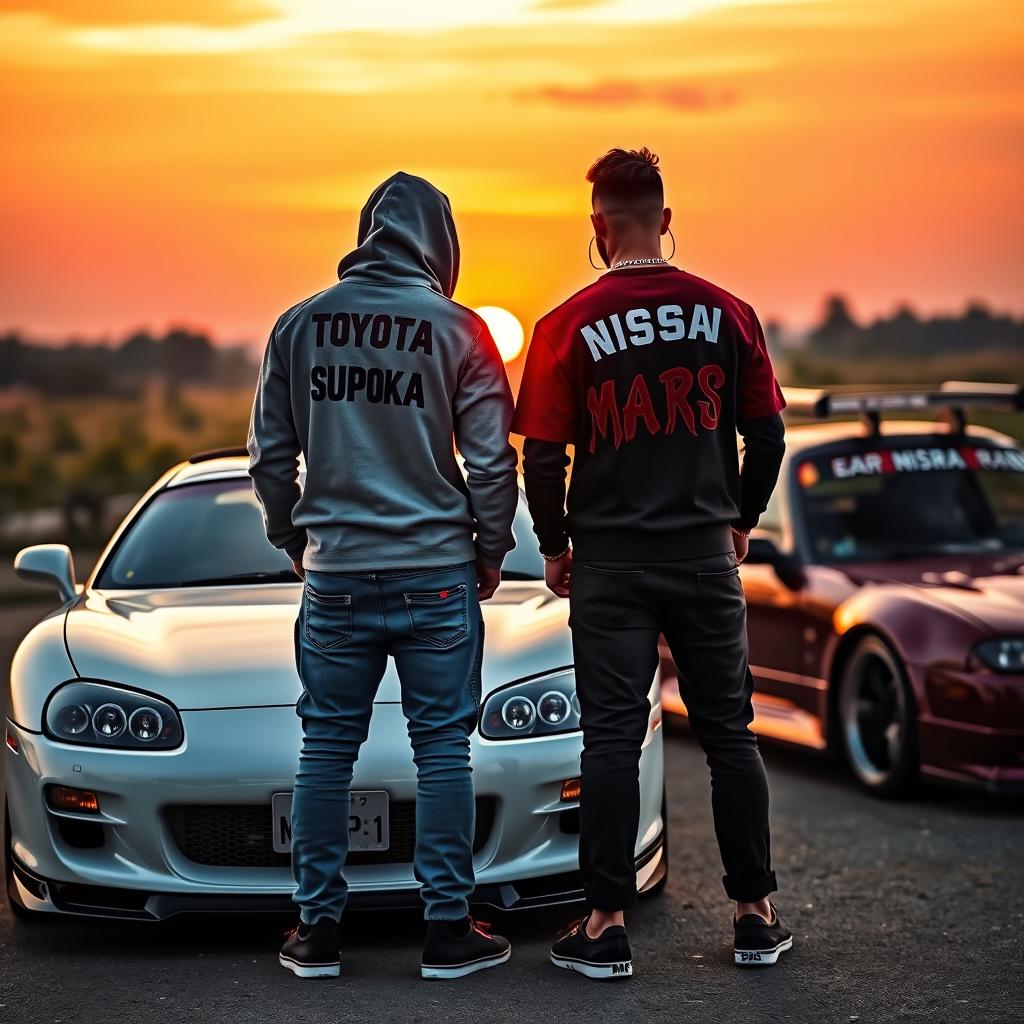 A captivating scene of two people standing back to the viewer, showcasing the sleek designs of a Toyota Supra and a Nissan R34 parked behind them