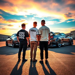 Two people standing back to the viewer, with a Toyota Supra and a Nissan R34 in the background
