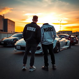 Two people standing back to the viewer, with a Toyota Supra and a Nissan R34 in the background