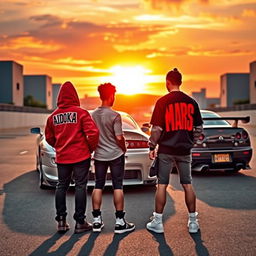 Two people standing back to the viewer, with a Toyota Supra and a Nissan R34 in the background