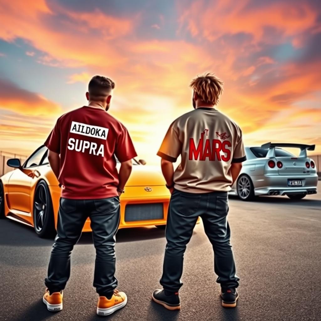Two people standing back to the viewer, with a Toyota Supra and a Nissan R34 in the background