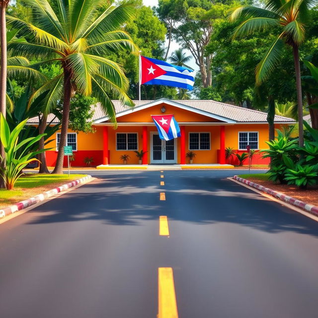 A vibrant rural school located in a Caribbean village, depicted with a smooth asphalt road leading towards it