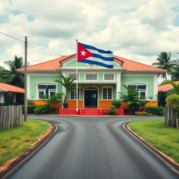 A vibrant rural school located in a Caribbean village, depicted with a smooth asphalt road leading towards it