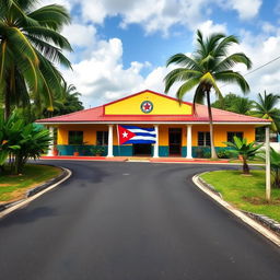 A vibrant rural school located in a Caribbean village, depicted with a smooth asphalt road leading towards it