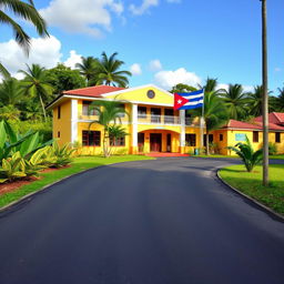 A vibrant rural school located in a Caribbean village, depicted with a smooth asphalt road leading towards it