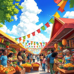 A stunning colorful illustration featuring a lively scene in a vibrant marketplace filled with various stalls selling fruits, vegetables, crafts, and clothing