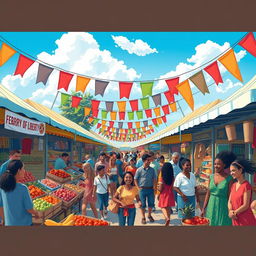A stunning colorful illustration featuring a lively scene in a vibrant marketplace filled with various stalls selling fruits, vegetables, crafts, and clothing