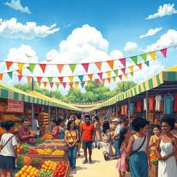 A stunning colorful illustration featuring a lively scene in a vibrant marketplace filled with various stalls selling fruits, vegetables, crafts, and clothing