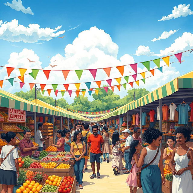 A stunning colorful illustration featuring a lively scene in a vibrant marketplace filled with various stalls selling fruits, vegetables, crafts, and clothing