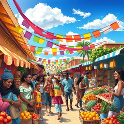 A stunning colorful illustration featuring a lively scene in a vibrant marketplace filled with various stalls selling fruits, vegetables, crafts, and clothing