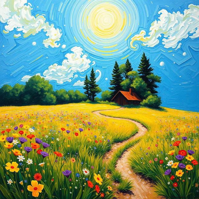 A vibrant and lively post-impressionist landscape depicting a sunlit field filled with colorful wildflowers under a brilliant blue sky