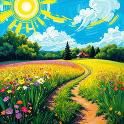 A vibrant and lively post-impressionist landscape depicting a sunlit field filled with colorful wildflowers under a brilliant blue sky