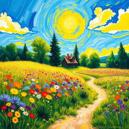 A vibrant and lively post-impressionist landscape depicting a sunlit field filled with colorful wildflowers under a brilliant blue sky