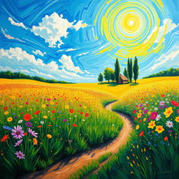 A vibrant and lively post-impressionist landscape depicting a sunlit field filled with colorful wildflowers under a brilliant blue sky