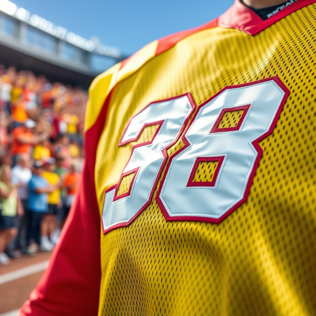 A close-up shot of a vibrant sports jersey with the number 38 prominently displayed on it